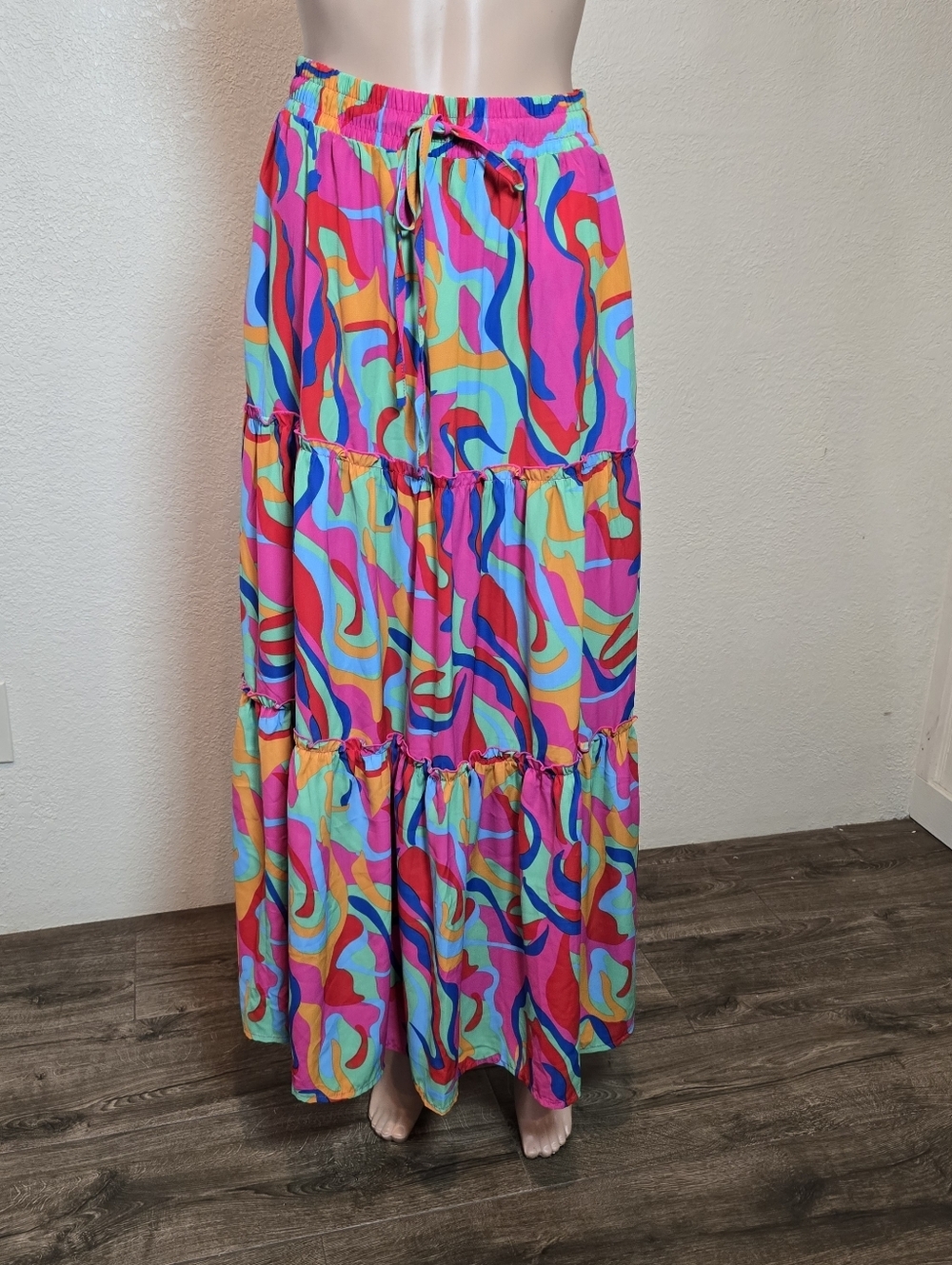 Elastic Waist A Line Midi Skirt Size S/M Drawstring Abstract Colorful Eclectic - Picture 13 of 15